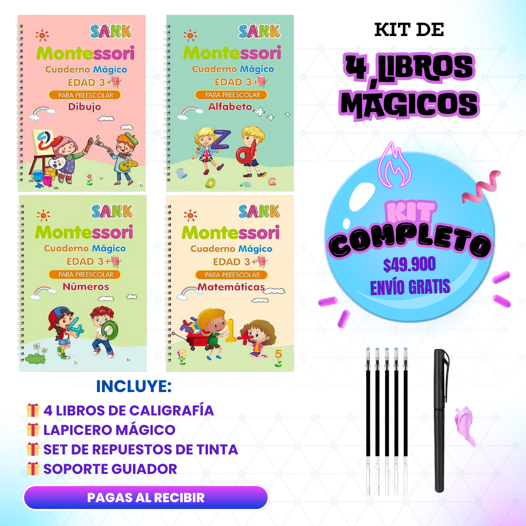 Set Cuaderno Magic Caligrafia Montessori - 4 Cuadernos + Lapiz Magico + Recargas