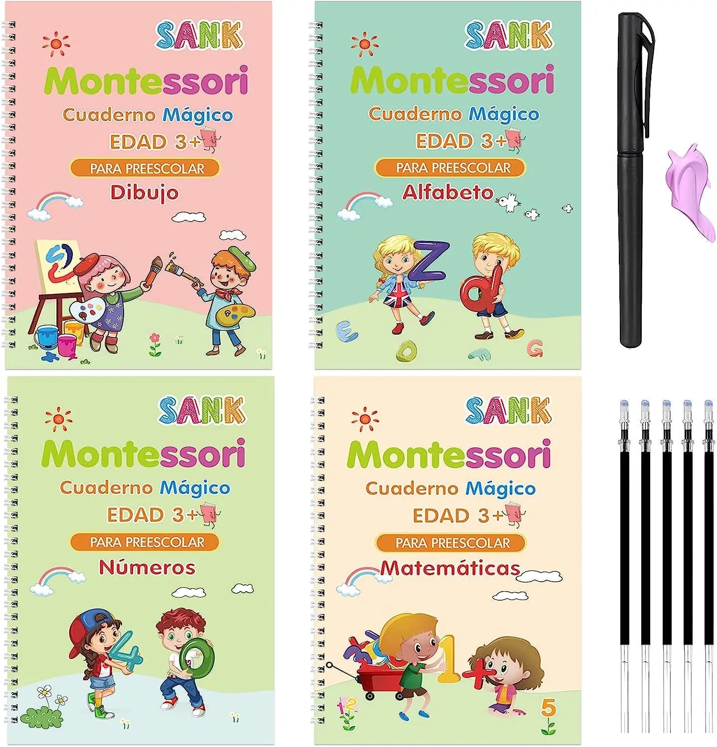 Set Cuaderno Magic Caligrafia Montessori - 4 Cuadernos + Lapiz Magico + Recargas