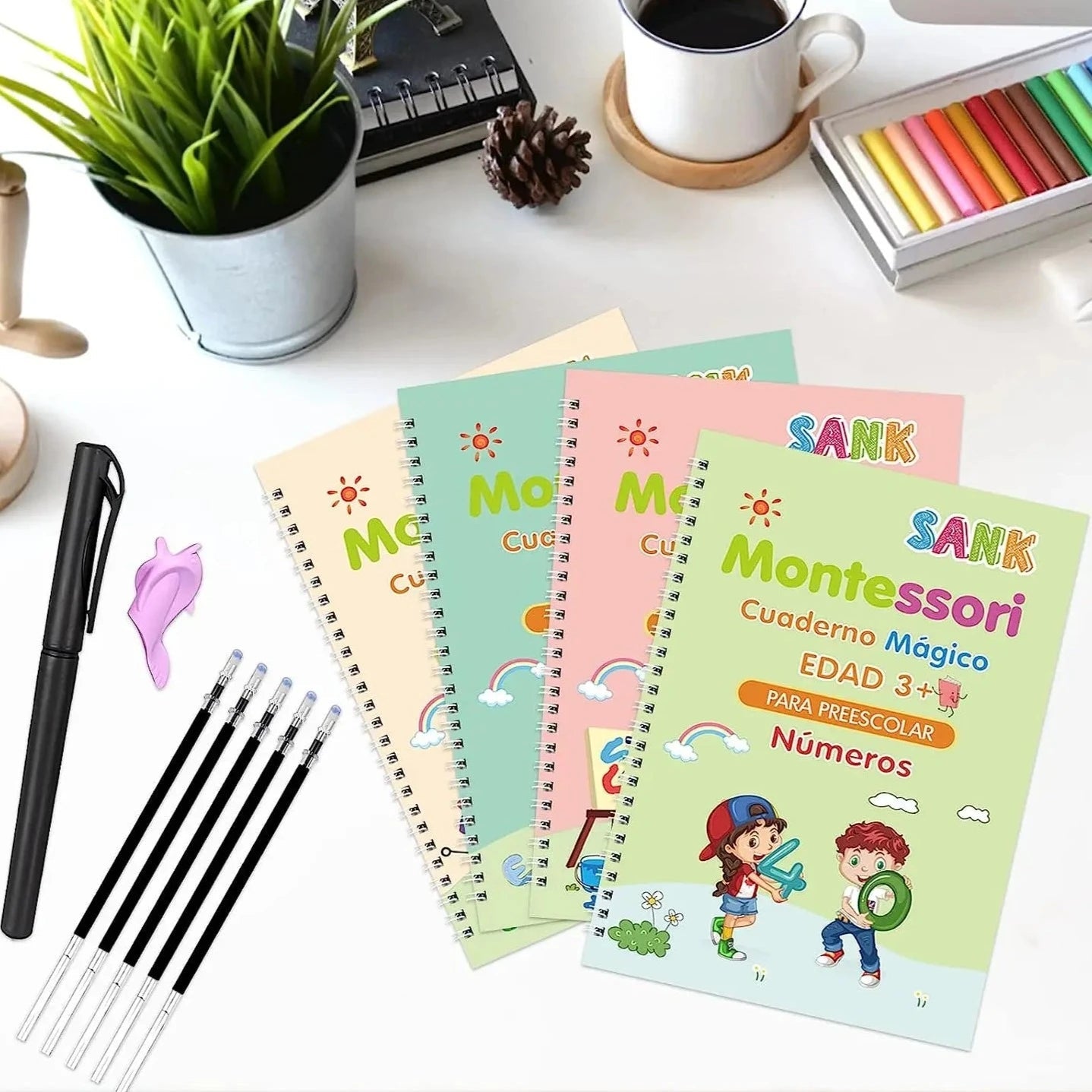 Set Cuaderno Magic Caligrafia Montessori - 4 Cuadernos + Lapiz Magico + Recargas